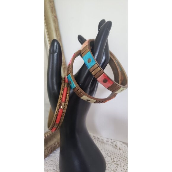 Three Colourful Resin Brass Bangles Vintage Jewelry Accents Colourful - Picture 2 of 10